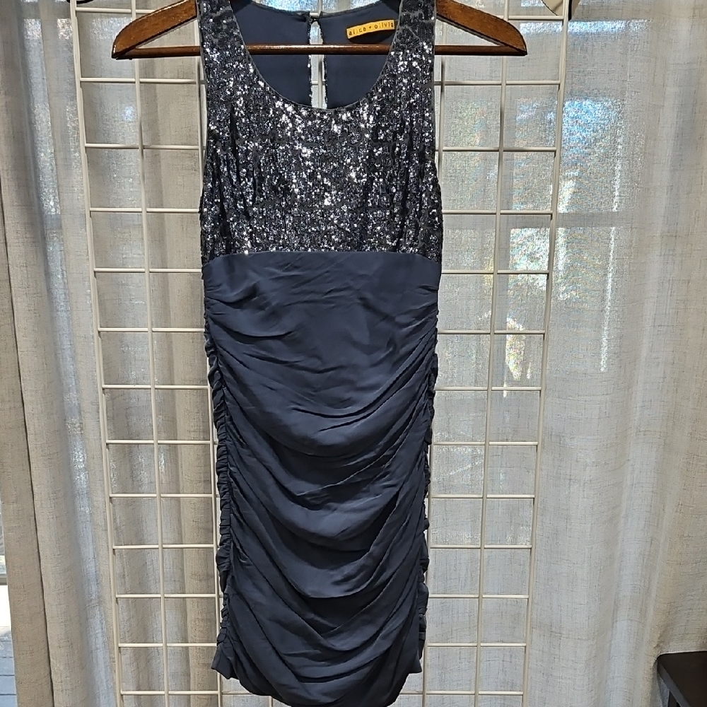 Alice + Olivia Navy Sequin Bodice Ruched Midi-mini Dress